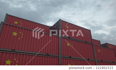 Concept for Chinese import and export business. China flag containers are located at the container terminal. 3d illustration 122802315