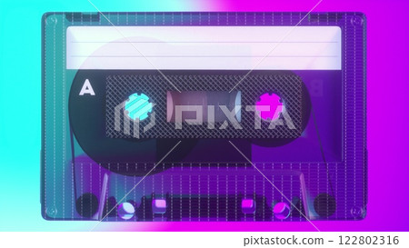 Retro music concept. Radio tape recorder, audio cassette. Vintage neon lighting. 3d illustration 122802316