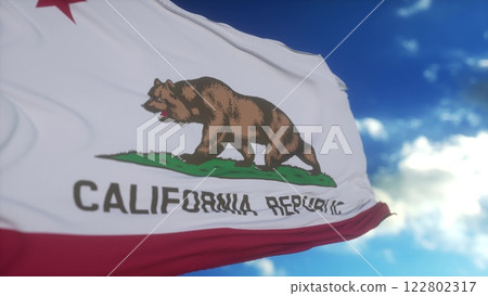 State flag of California waving in the wind. Blue sky background. 3d illustration 122802317