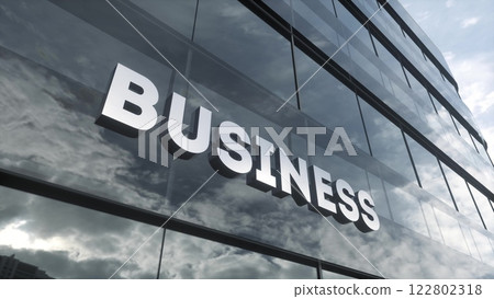 Business sign on glass building. Mirrored sky and city on modern facade. Business and finance concept. 3d illustration 122802318