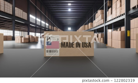 Boxes with MADE IN USA text on roller conveyor. 3d illustration 122802319