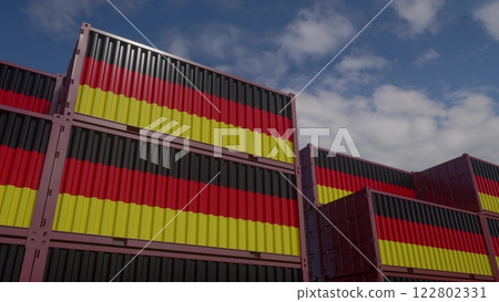 Germany flag containers are located at the container terminal. Concept for Germany import and export. 3d illustration 122802331