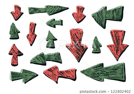 Arrow set crayon drawing. Pointers for collage isolated on white background. Red and green business direction signs. Vector hand drawn illustration 122802402