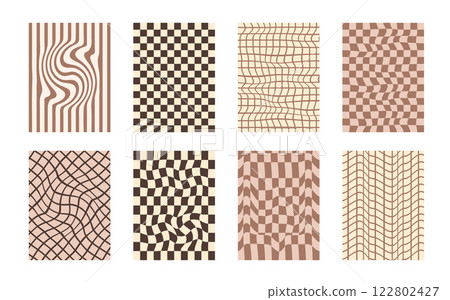 Groovy checkerboard pattern set. Psychedelic checker background pack. Trippy y2k retro vertical textures. Funky abstract poster design templates. Vector playful flat geometric wavy grid illustration 122802427