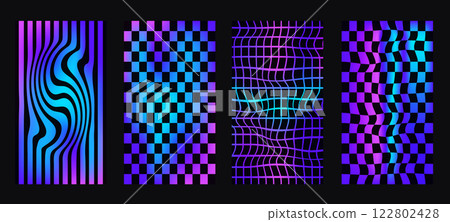Checkerboard neon background set. Psychedelic checker gradient posters templates. Surreal chessboard with distorted grid and stripes. Y2k textures. Vector playful flat geometric wavy mosaic backdrops. Checkerboard neon background set. Psychedelic checker gradient posters templates. Surreal chessboard with distorted grid and stripes. Y2k textures. Vector playful flat geometric wavy mosaic backdrops. 122802428