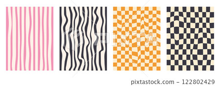 Groovy checkerboard pattern set. Psychedelic checker background pack. Trippy y2k retro vertical textures. Funky abstract poster design templates. Vector playful flat geometric wavy grid illustration Groovy checkerboard pattern set. Psychedelic checker background pack. Trippy y2k retro vertical textures. Funky abstract poster design templates. Vector playful flat geometric wavy grid illustration 122802429