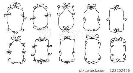 Vintage bows coquette frames set. Charcoal or pencil drawing Christmas decoration. Vector black borders for birthday party, picnic invitation. Templates with ribbon for festive and journal emphasis. 122802436
