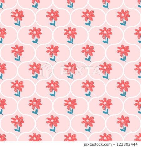 Flowers crayon drawn seamless pattern. Floral allover background. Damask botanic repeat backdrop. Surface pattern design spring ogee motif. Vector hand drawn illustration 122802444