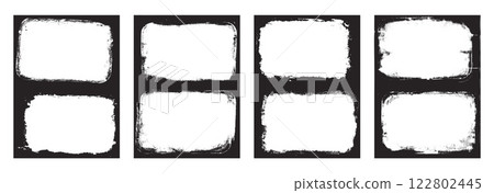 Grunge photo frames set templates. Ink paint border with rough edges for poster and banner. Retro textured overlays. Rectangular old black flyers on transparent background. Vector illustration 122802445