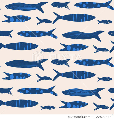 Fish seamless pattern. Sardines blue textured allover background. Coastal repeat cover. School of salmon continuous ornament. Surface pattern design seafood motif. Vector hand drawn illustration 122802448