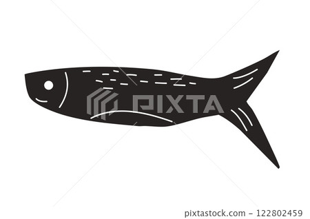 Simple fish. Sardine textured element. Salmon or anchovy silhouettes. Undersea animal. Vector hand drawn cutout collage illustration isolated on white background 122802459