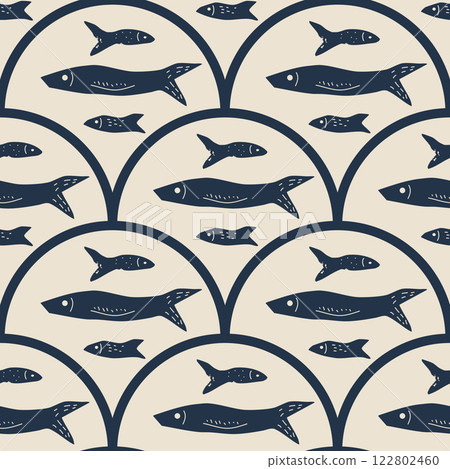 Fish scallop seamless pattern. Sardine stamp allover background. Anchovy repeat cover. Scandinavian stamp continuous ornament. Surface pattern design sea motif. Vector hand drawn illustration 122802460