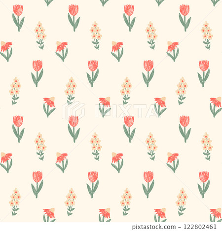 Flowers crayon drawn seamless pattern. Floral allover background. Line art stroke botany repeat backdrop. Surface pattern design spring motif. Vector hand drawn illustration 122802461