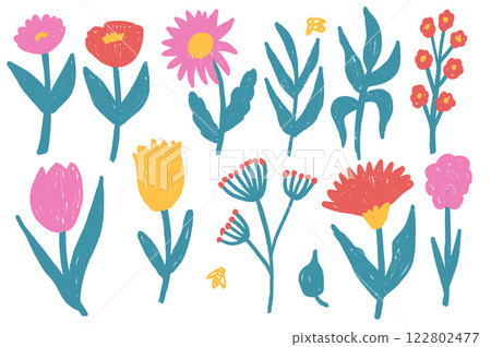 Flowers crayon drawn set. Spring tulip, daisy, aster and marguerite plants doodle set. Pastel childish floral shape. Vector pencil illustration isolated on white background 122802477