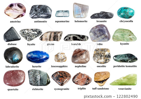 various samples of tumbled rocks with names cutout various samples of tumbled rocks with names cutout 122802490