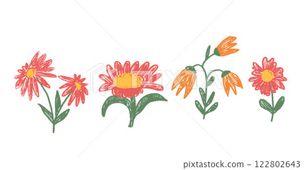 Flowers and leaves crayon drawn set. Spring sunflower, daisy, chamomile and marguerite plants doodle. Vector naive pencil illustration isolated on white background. Flowers and leaves crayon drawn set. Spring sunflower, daisy, chamomile and marguerite plants doodle. Vector naive pencil illustration isolated on white background. 122802643