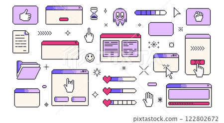Pixel art retro windows interface. 8 bit text boxes with pointers cursors, arrow and sparkles. Rectangle frames. Folders, loading bar and hands in retro 90s style. Vector set illustration 122802672