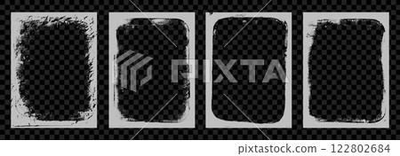 Photo grunge frames set template. Ink paint edges punk border for poster and banner. Retro textured overlays. Rectangular old white backgrounds. Vector distressed design illustration. 122802684