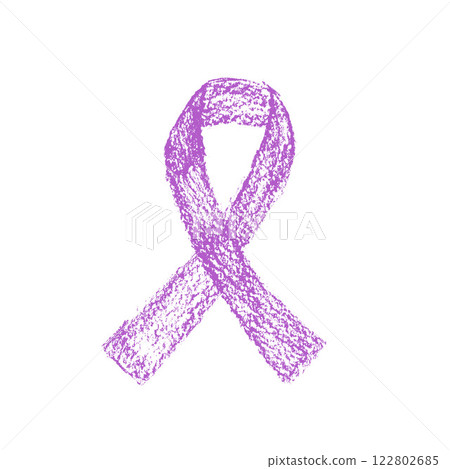 Crayon awareness violet ribbon. Purple symbol preventing campaign doodle isolated on white background. Vector drawn by pencil illustration 122802685