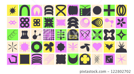 Geometric modular shapes set. Square blocks abstract brutalist elements pack. Mosaic pattern design. Neo geo vector flat collection illustration isolated on white background Geometric modular shapes set. Square blocks abstract brutalist elements pack. Mosaic pattern design. Neo geo vector flat collection illustration isolated on white background 122802702