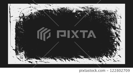 Photo grunge horizontal frame template. Ink paint edges punk border for banner. Retro textured overlay. Rectangular old white background. Vector text frame with grange fold effect. 122802709
