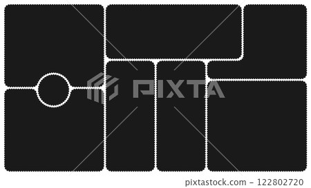 Scallop edged frame template. Bento grid shapes. Geometry modular moodboard borders with perforation. Label textboxes Lace frill pack. Trendy blocks blank layout. Vector flat illustration. 122802720