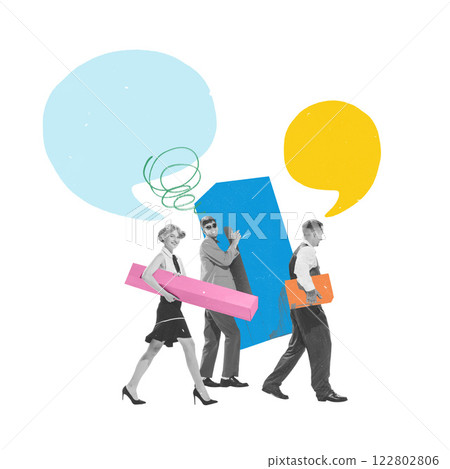 Conceptual art collage. Professionals walking forward, carrying large blocks, with floating speech bubbles above, emphasizing teamwork, progress in communication. Conceptual art collage. Professionals walking forward, carrying large blocks, with floating speech bubbles above, emphasizing teamwork, progress in communication. 122802806
