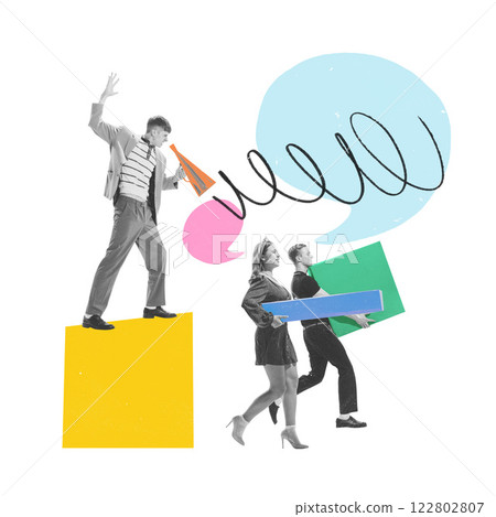 Conceptual art collage. Leader standing on block shouting into megaphone, while workers carry geometric shapes, with speech bubbles swirling around. 122802807