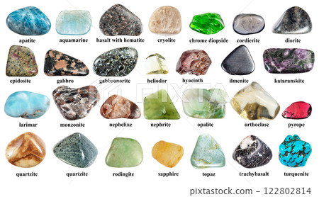 specimens of polished rocks with names cut out 122802814