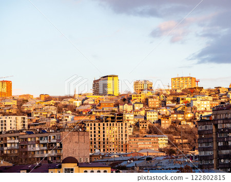 residential district lit by setting sun in Yerevan residential district lit by setting sun in Yerevan 122802815