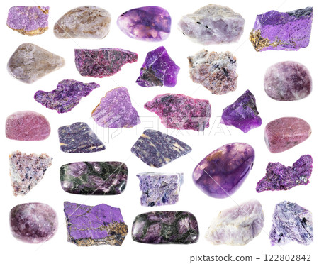 natural specimens of uncut purple rocks cutout 122802842