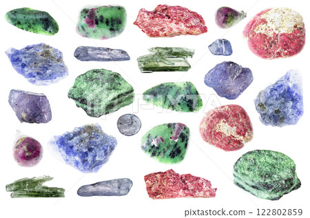 natural specimens of uncut zoisite rocks cutout 122802859