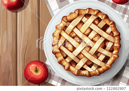 Homemade round apple pie on white plate. Top view horizontal background. Wooden table chequered tablecloth ripe red apples. Freshly baked tasty food. Cartoon style vector illustration Homemade round apple pie on white plate. Top view horizontal background. Wooden table chequered tablecloth ripe red apples. Freshly baked tasty food. Cartoon style vector illustration 122802907