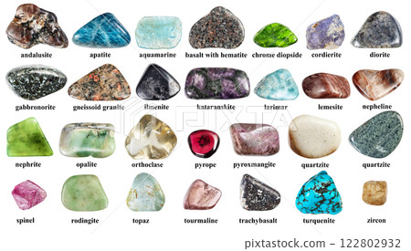 various samples of polished rock with names cutout 122802932