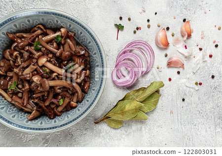 pickled honey mushrooms, in a bowl, homemade, top view, no people, pickled honey mushrooms, in a bowl, homemade, top view, no people, 122803031