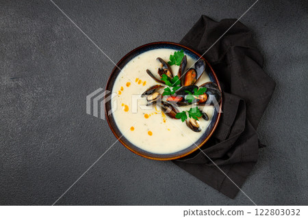 chowder cream soup with mussels, American cuisine, homemade, no people, 122803032