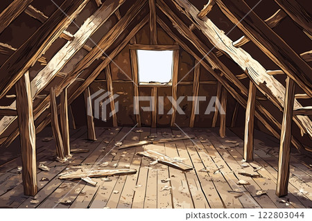 Abandoned attic horizontal background with wooden broken roof with holes. Empty garret room messy mansard with window. Damaged building interior. Cartoon style vector illustration 122803044