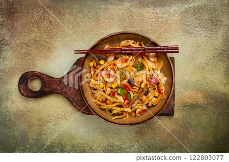fried noodles with chicken meat and vegetables, Bami Goreng, Indonesian dish, no people, 122803077