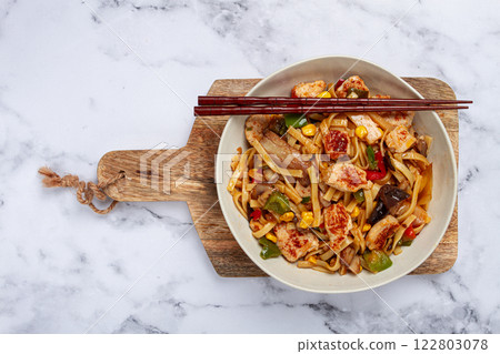 fried noodles with chicken meat and vegetables, Bami Goreng, Indonesian dish, no people, 122803078