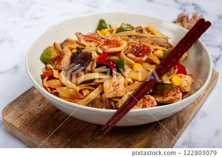 fried noodles with chicken meat and vegetables, Bami Goreng, Indonesian dish, no people, 122803079