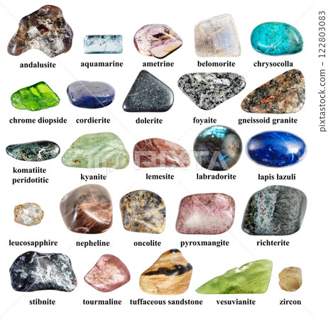 various samples of rolled rocks with names cut out various samples of rolled rocks with names cut out 122803083