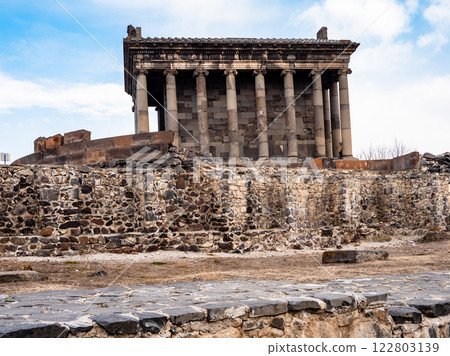 side view of Garni Temple in Armenia in winter 122803139