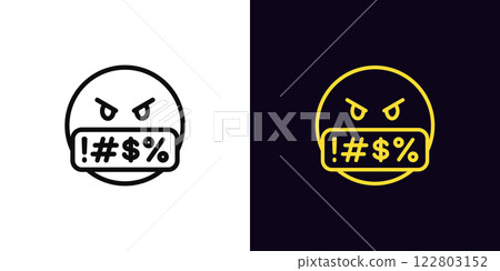 Outline swearing emoji icon, with editable stroke. Angry emoji with mouth censor, filthy language. Emoticon with foul speech, offensive word, hating face, swearing emoticon, hatred shout. Vector icon 122803152