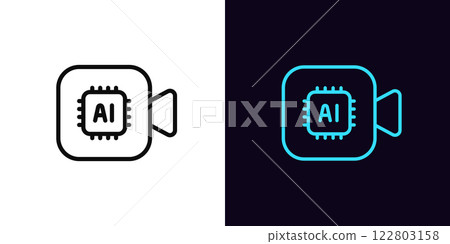 Outline AI camera icon, with editable stroke. AI video processing algorithms. Neural network for generating movie and music clip, artificial intelligence for video content production. Vector icon Outline AI camera icon, with editable stroke. AI video processing algorithms. Neural network for generating movie and music clip, artificial intelligence for video content production. Vector icon 122803158