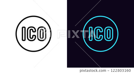 Outline ICO icon, with editable stroke. Round tag for Initial coin offering. New token on crypto exchange, attract money with ICO, launch new cryptocurrency, investments in crypto coins. Vector icon 122803160