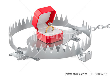 Bear trap with wedding diamond ring inside ring box, 3D rendering 122803253