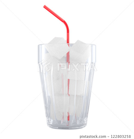 Glass with sugar cubes and straw. 3D rendering 122803258