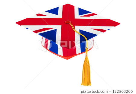 Graduation cap with British flag. Education in the UK or learn English language, concept. 3D rendering 122803260