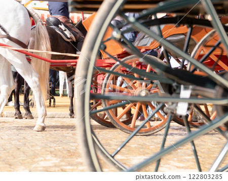 Traditional fair scene with carriage wheel 122803285
