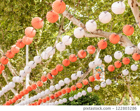Paper lanterns, farolillos, at the April Fair in Seville. Paper lanterns, farolillos, at the April Fair in Seville. 122803286